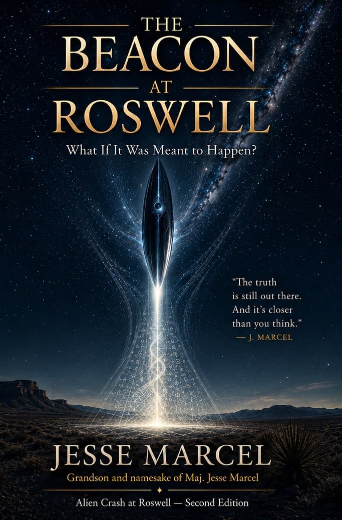 The cover of The Beacon at Roswell by Jesse Marcel: a dark object suspended above the New Mexico desert at night, a column of light beneath it.