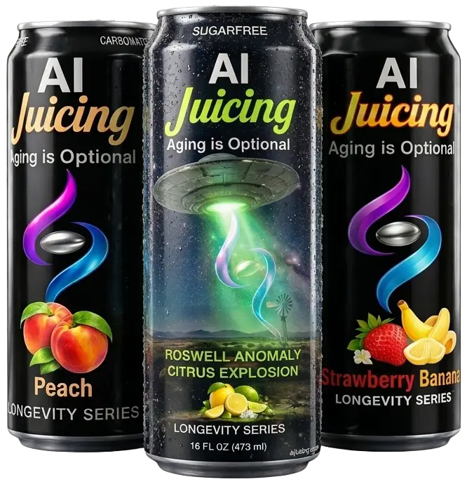Three AI Juicing cans from the Longevity Series: Peach, Roswell Anomaly Citrus Explosion, and Strawberry Banana
