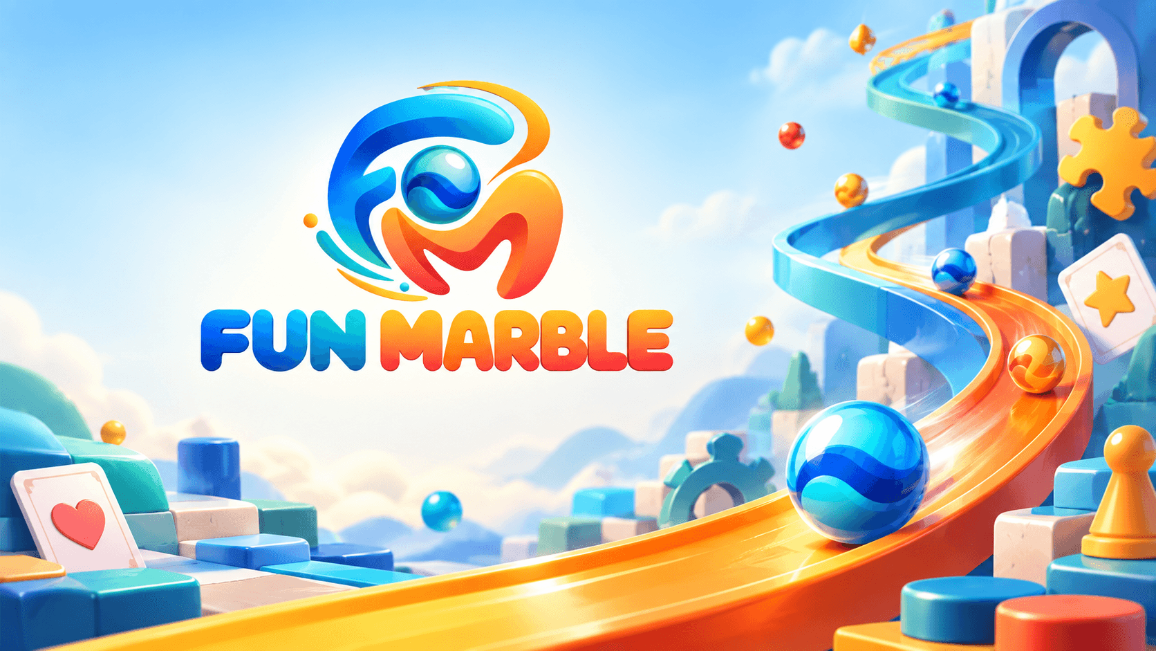 Approved FunMarble artwork: bright sky, colorful tracks and a blue marble in a playful game world