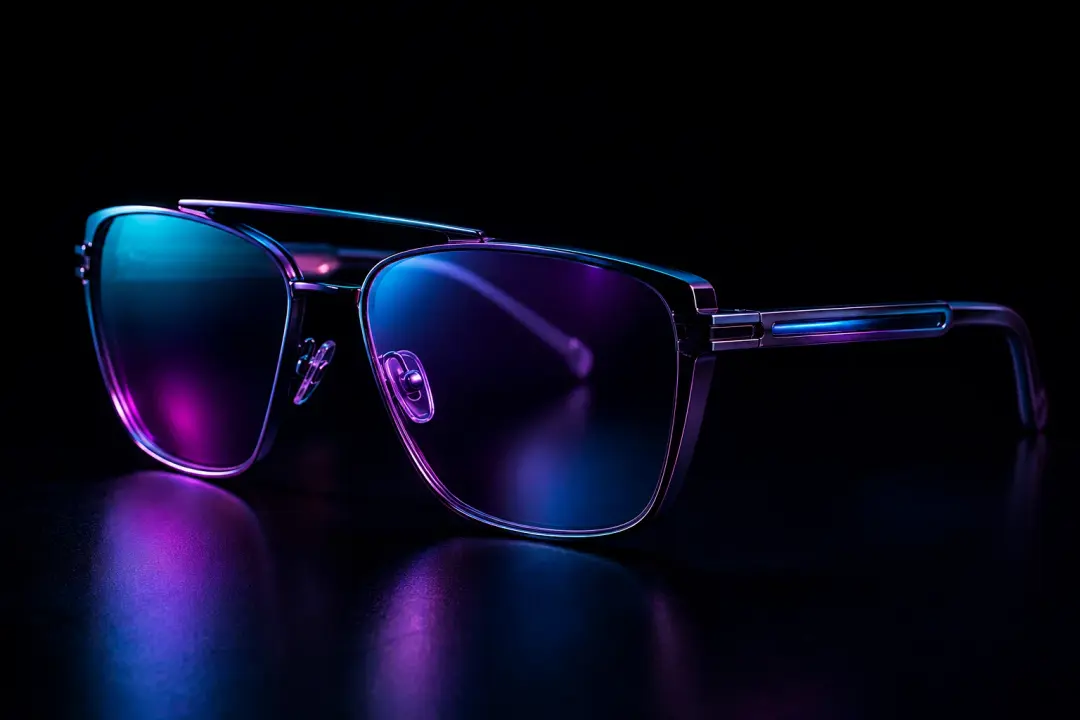 Reality Modulation wearable design concept: precision black glasses with cyan and violet reflections