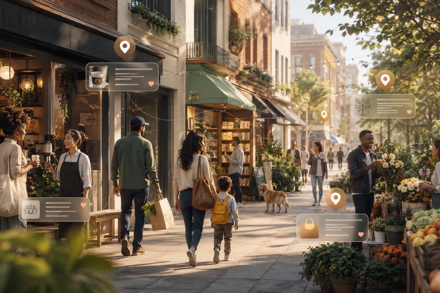 A tree-lined shopping street at golden hour, people passing cafés and a flower stall beneath small location markers