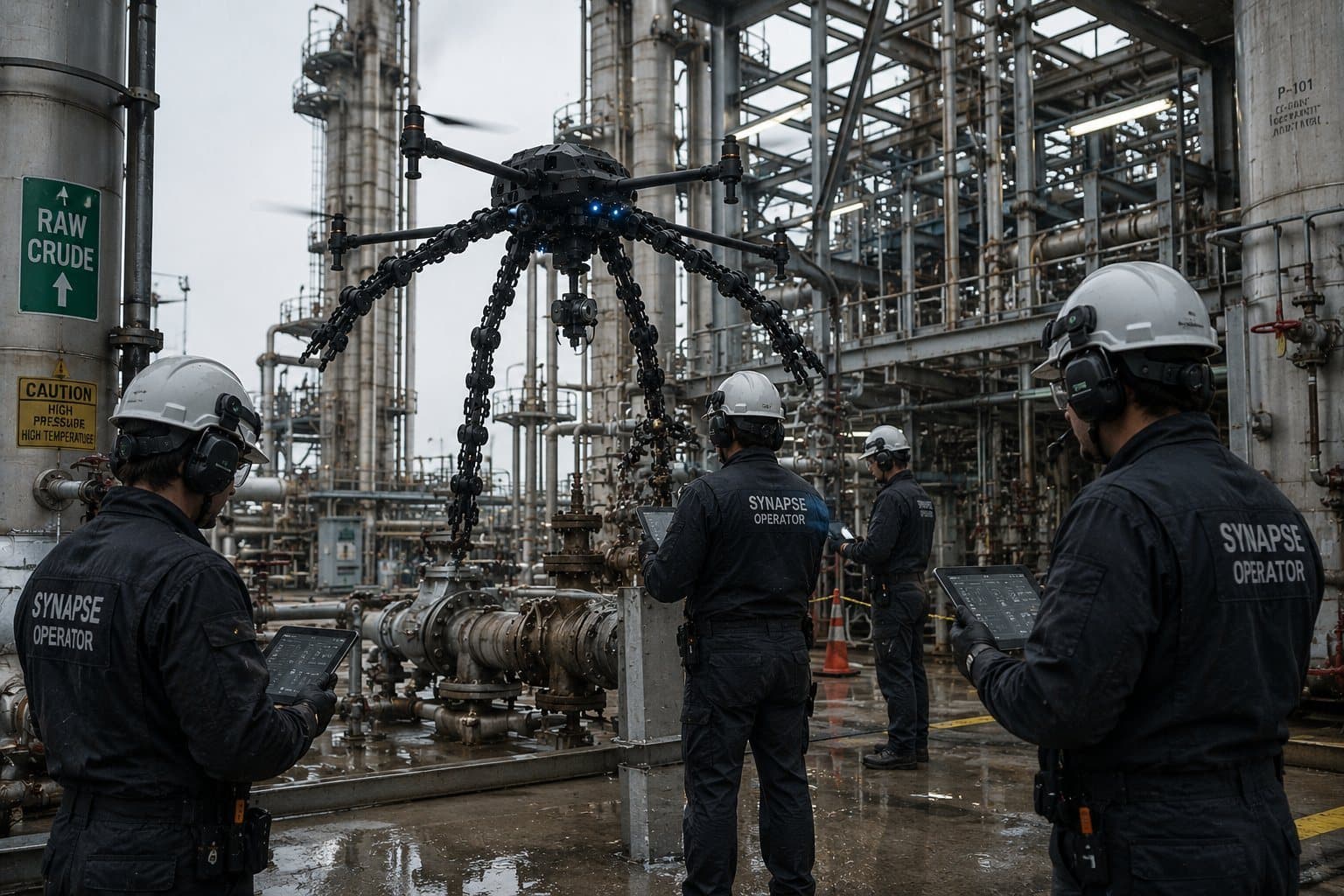 A many-armed DroneSynapse drone hovering over refinery pipework while operators in hard hats watch