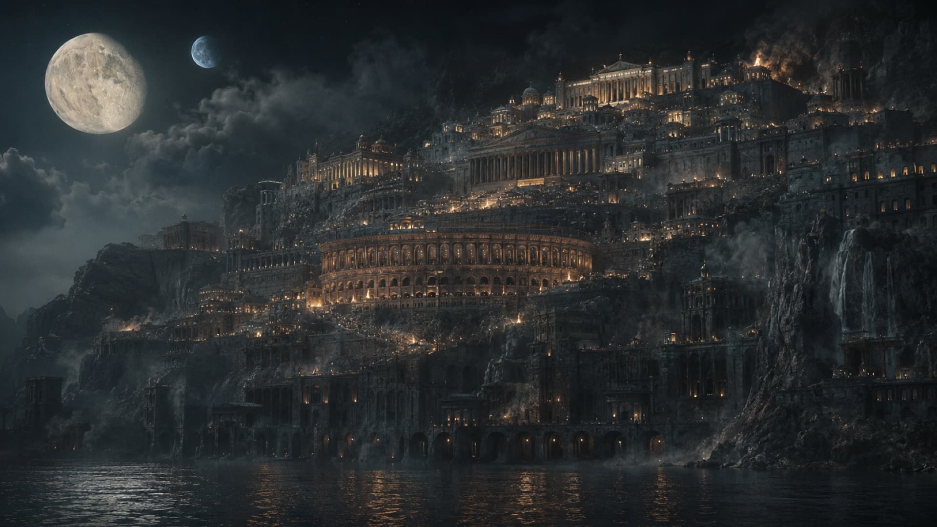 A vast terraced city of torchlit arenas and temples on sea cliffs beneath two moons