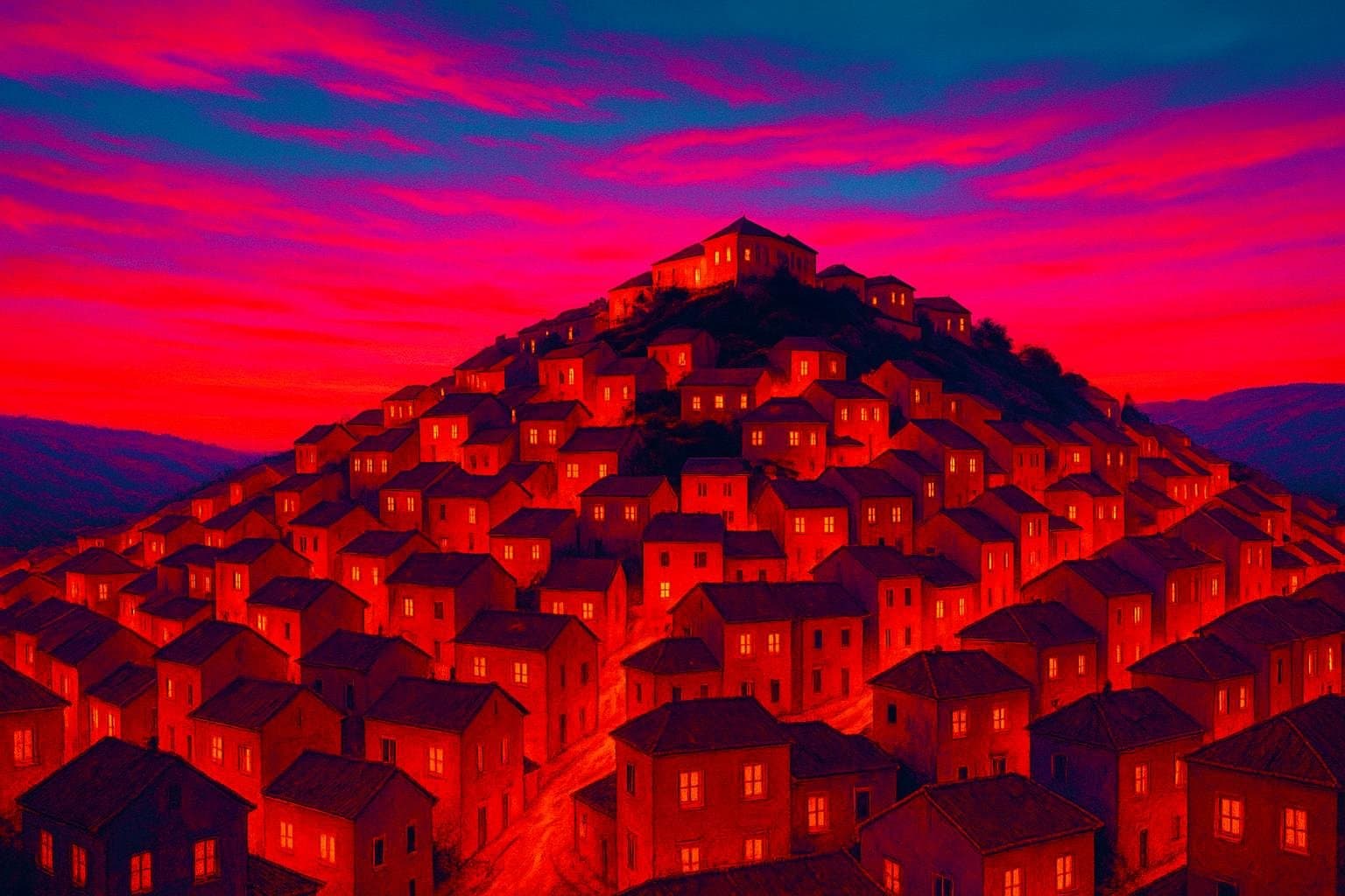 A hillside town of lit windows beneath a red and violet sky